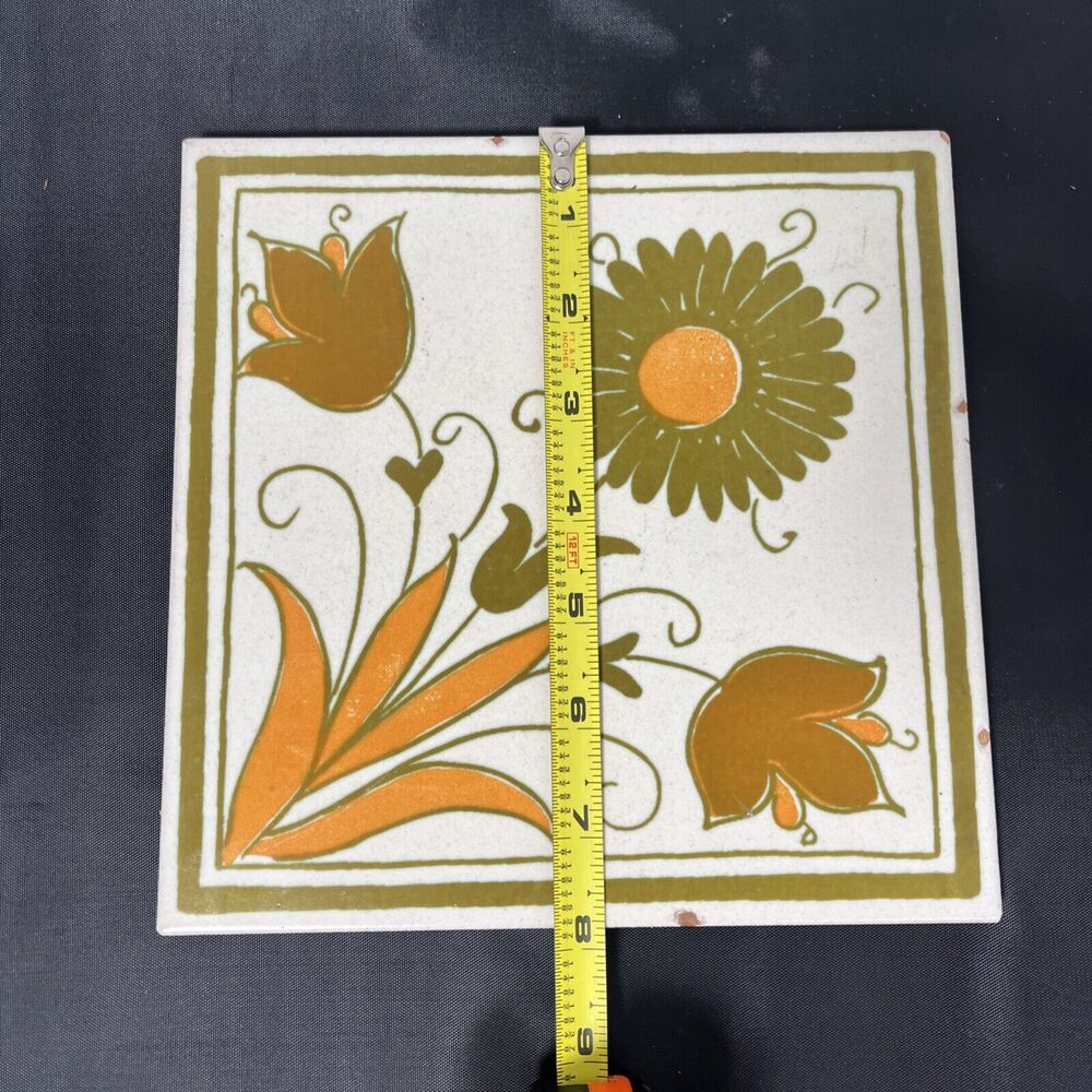 Hand Painted Glazed Terracotta 8x6 Tile Trivet Made in Italy Flowers Green Org - Picture 4 of 8